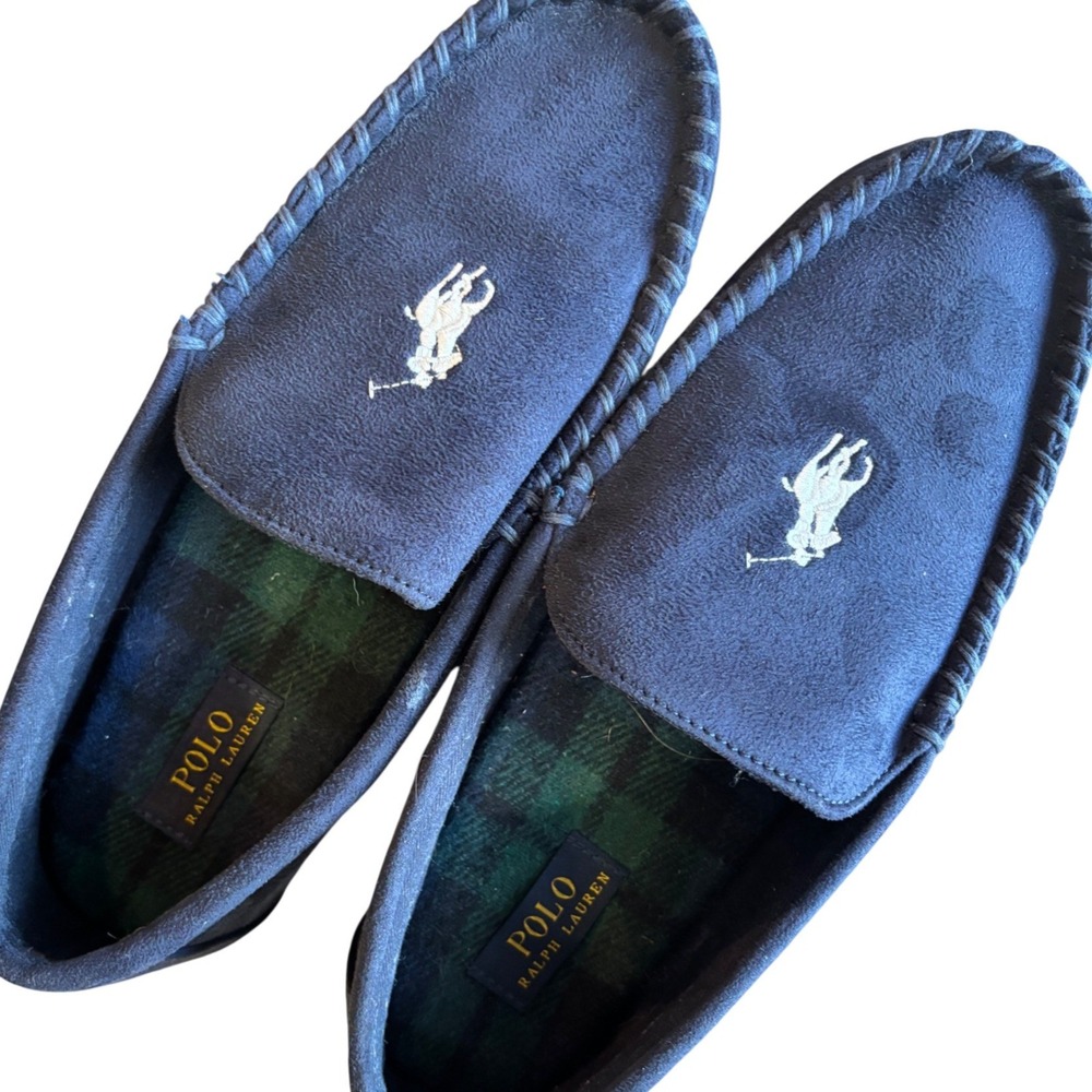 Polo Ralph Lauren Declan Mens Navy Blue Suede Moccasin Slippers Plaid Lining 12 - Picture 8 of 9